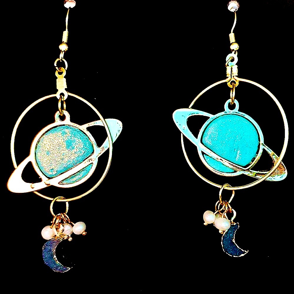 Orbiting Saturn/Crescent Moon Handcrafted Earrings
